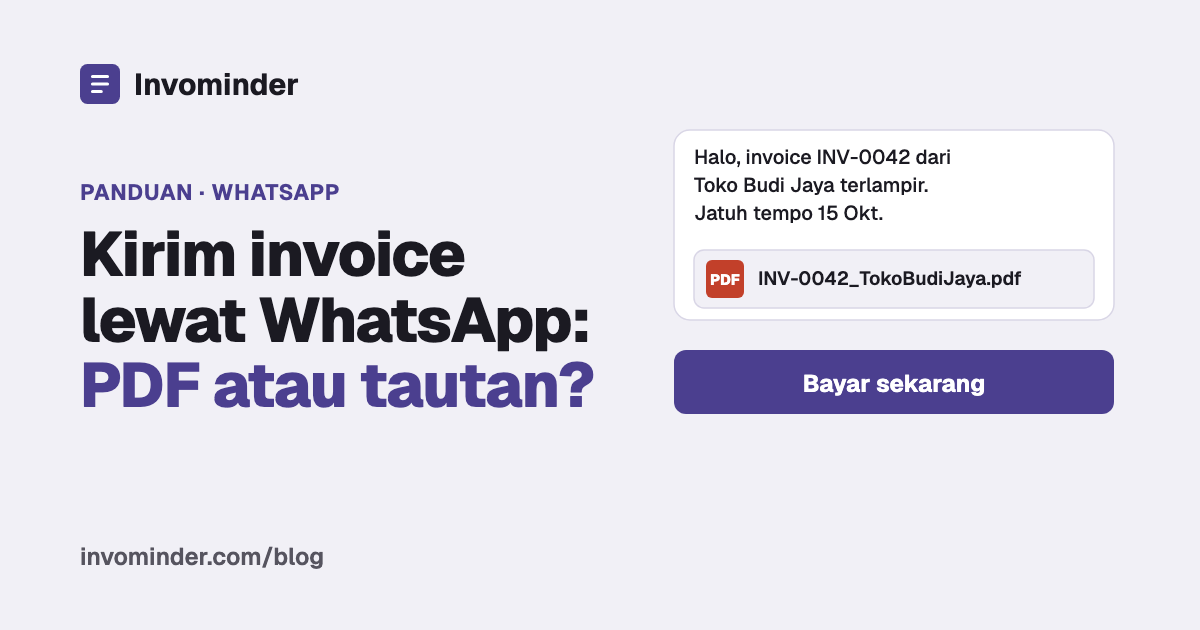 Pesan WhatsApp berisi invoice PDF terlampir dan tombol Bayar sekarang